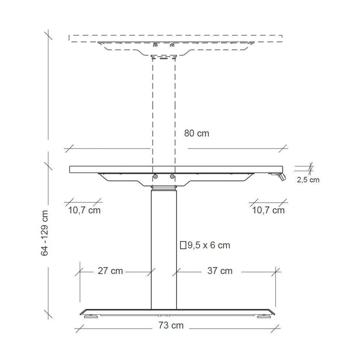 Maßzeichnung des elektrisch höhenverstellbaren Schreibtischs XDKB 19 G mit einer Höhe von 64 bis 129 cm von hjh OFFICE PRO