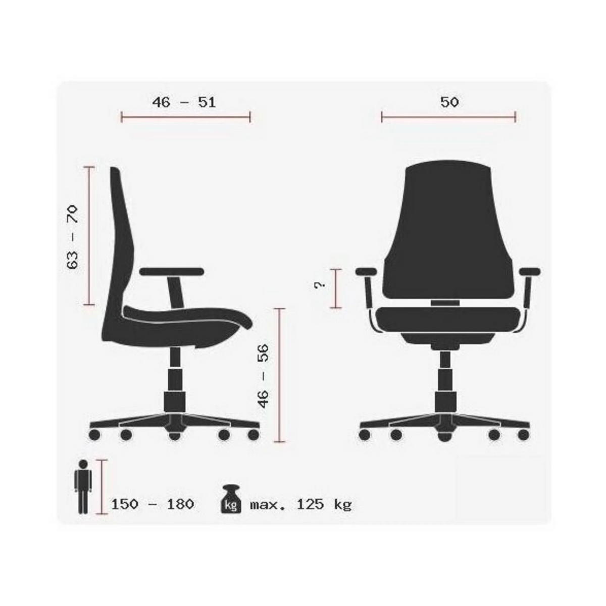 Technische Zeichnung des High-End-Bürostuhls ZERO L15 AL mit maximal 125 kg Traglast von Sitwell Steifensand