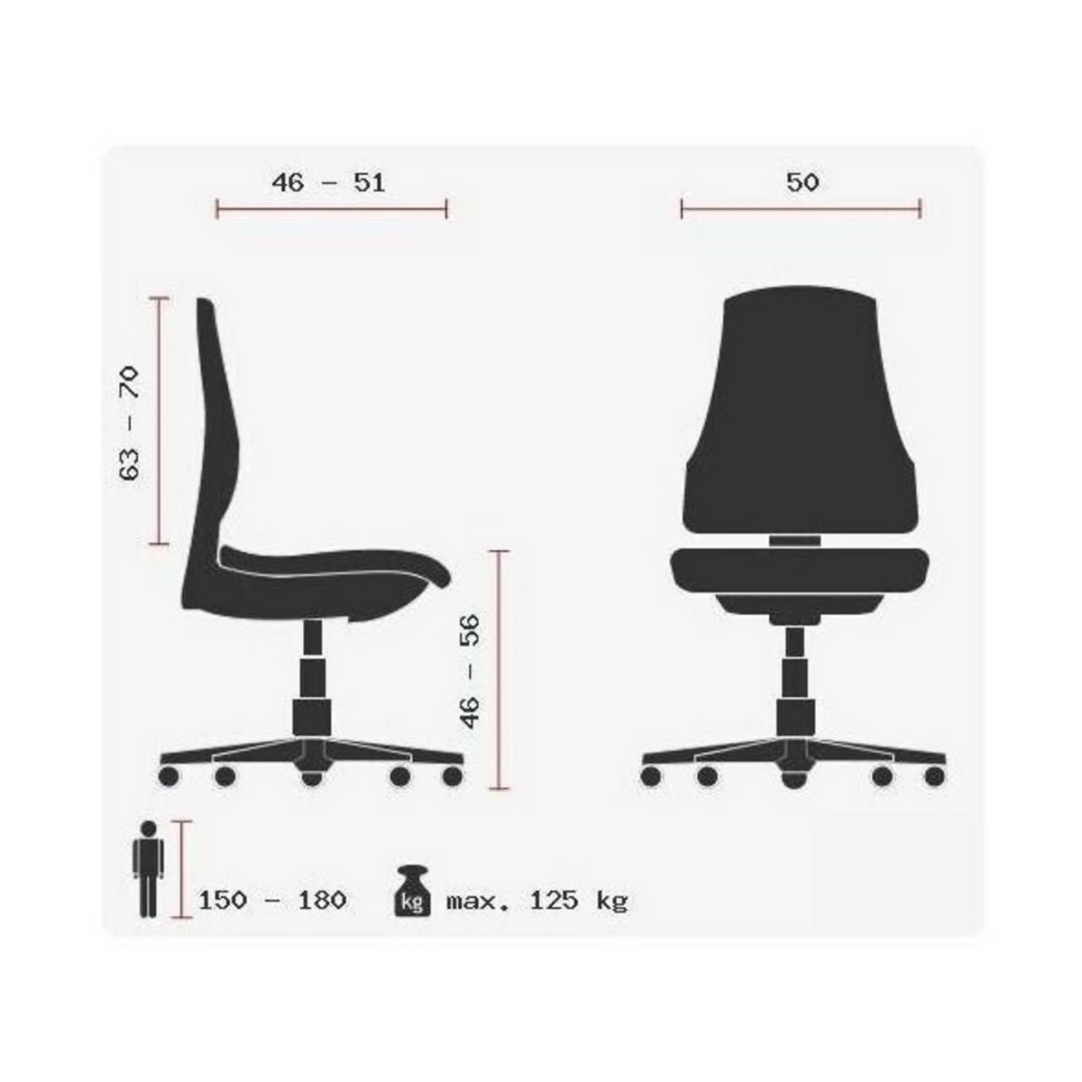 Technische Zeichnung des High-End-Bürostuhls ZERO L15 mit maximal 125 kg Belastbarkeit von Sitwell Steifensand
