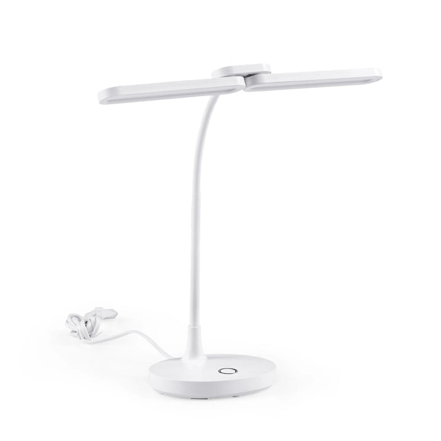 Weiße Schreibtischlampe Lumanova D6 mit flexiblem Hals und rundem Standfuß von hjh OFFICE