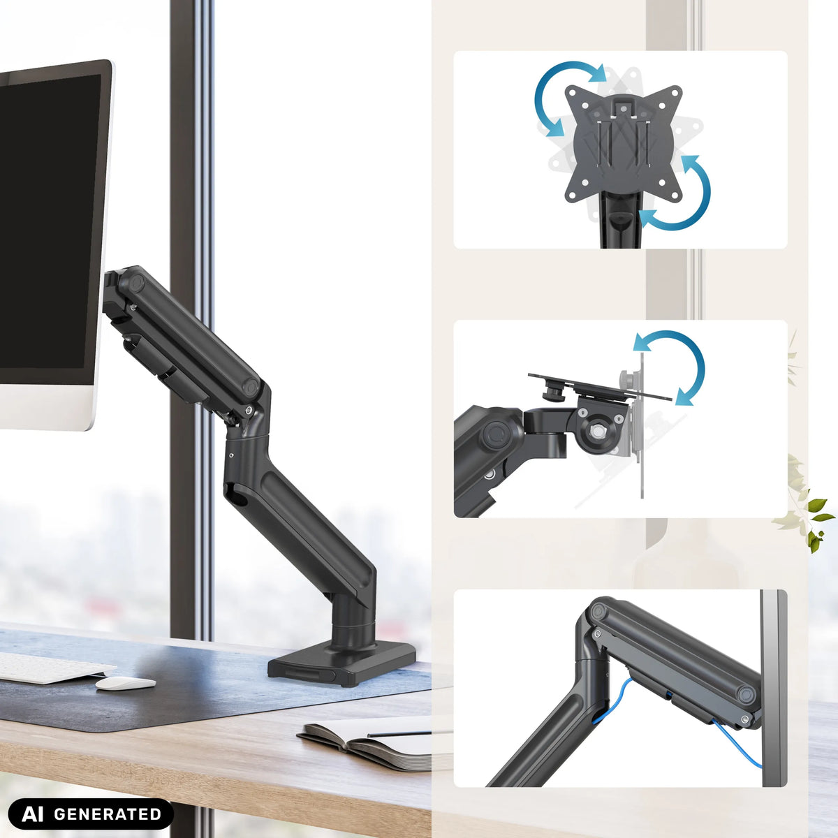 Verstellbare Gelenke und Montageplatte der Monitorhalterung VM-MG1S von hjh OFFICE (KI-generiertes Bild)