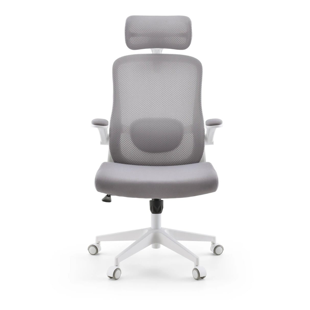 Grauer Homeoffice-Bürostuhl Vertuflex mit Netzrücken und weißem Fußkreuz mit fünf Rollen von MyBuero – 360-Grad-Ansicht (Frontansicht 0°)