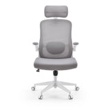 Grauer Homeoffice-Bürostuhl Vertuflex mit Netzrücken und weißem Fußkreuz mit fünf Rollen von MyBuero – 360-Grad-Ansicht (Frontansicht 0°)