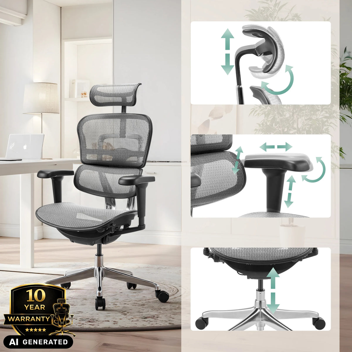 Luxus-Chefsessel ERGOHUMAN ULTRA GEN2 mit verstellbarer Kopfstütze und Armlehnen von hjh OFFICE (KI-generiertes Bild)