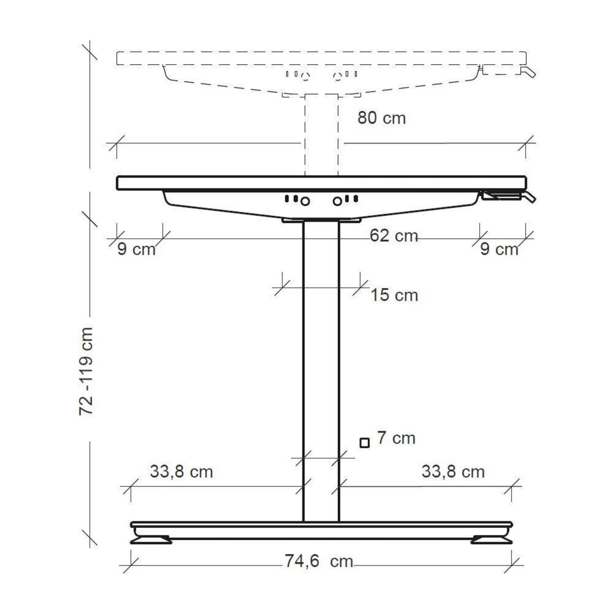 Maßzeichnung des elektrisch höhenverstellbaren Schreibtischs XMST 22 S mit einer Höhe von 72-119 cm von hjh OFFICE PRO