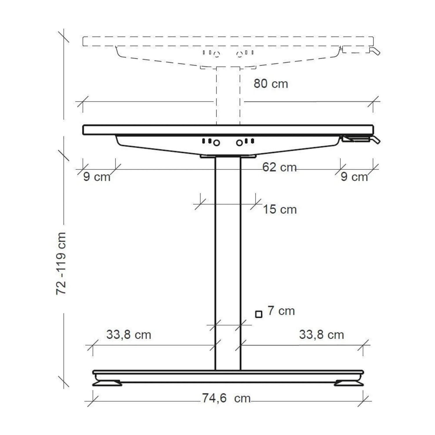 Maßzeichnung des elektrisch höhenverstellbaren Schreibtischs XMST 22 S mit einer Höhe von 72-119 cm von hjh OFFICE PRO
