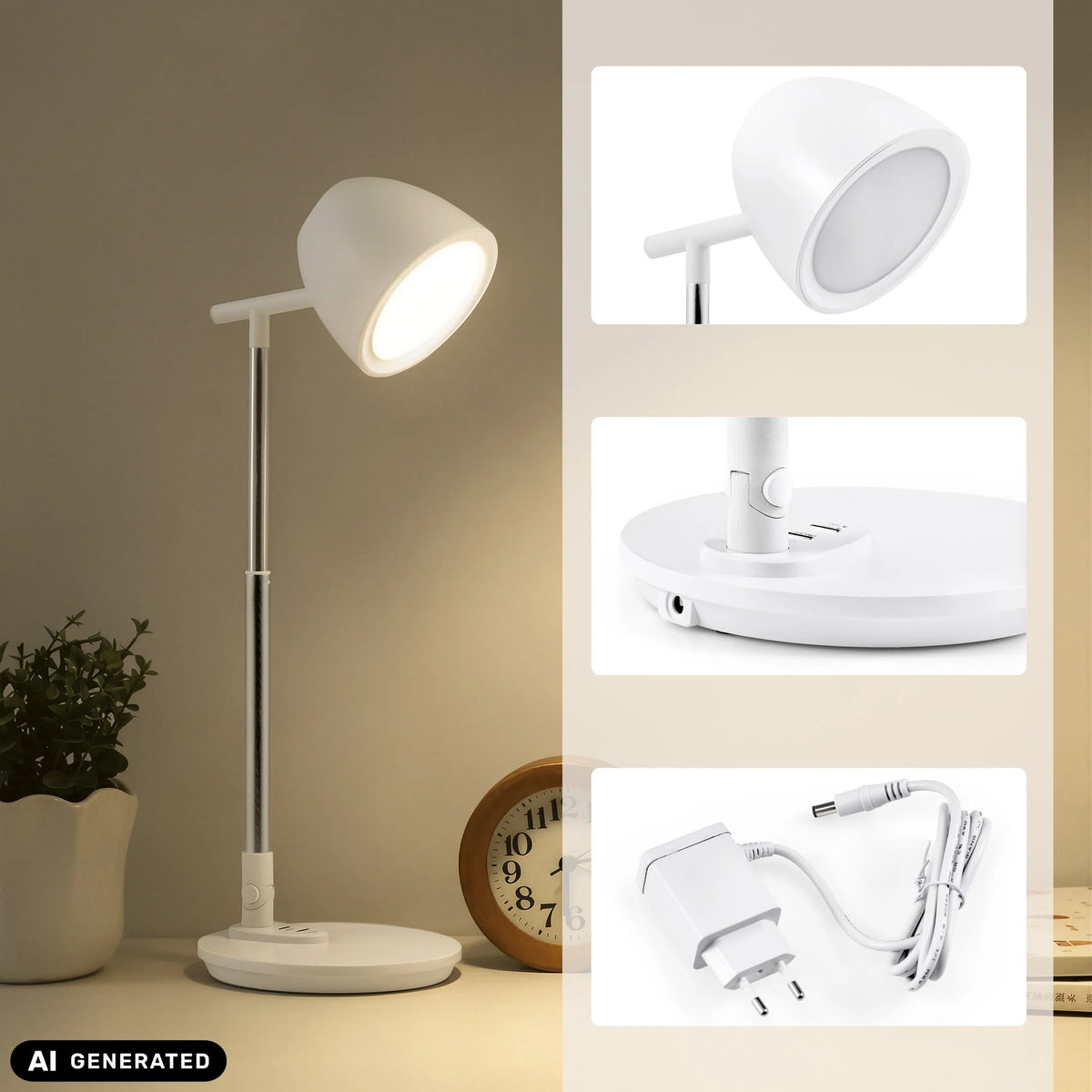 Weiße Schreibtischlampe Lumanova D3 mit Netzteil und Detailansichten von hjh OFFICE (KI-generiertes Bild)