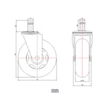 Technische Zeichnung einer Stuhlrolle 5x ROLO SKATE CT 11mm/75mm mit einem Durchmesser von 76 mm von hjh OFFICE