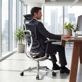Luxus-Chefsessel ERGOHUMAN GEN2 in Dunkelbraun aus Leder mit verchromtem Gestell an einem Schreibtisch von hjh OFFICE