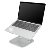 Silberne Laptopunterlage LAPTOP STAND mit einem darauf platzierten Laptop in schräger Position von hjh OFFICE