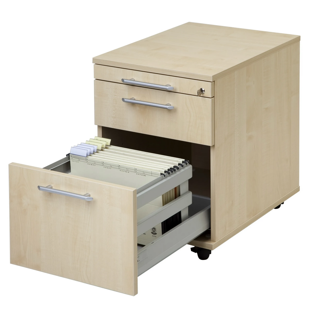 System Rollcontainer SIGNA AC20 in Asteiche mit zwei Schubladen, Metall-Bügelgriffen und Rollen von hjh OFFICE PRO