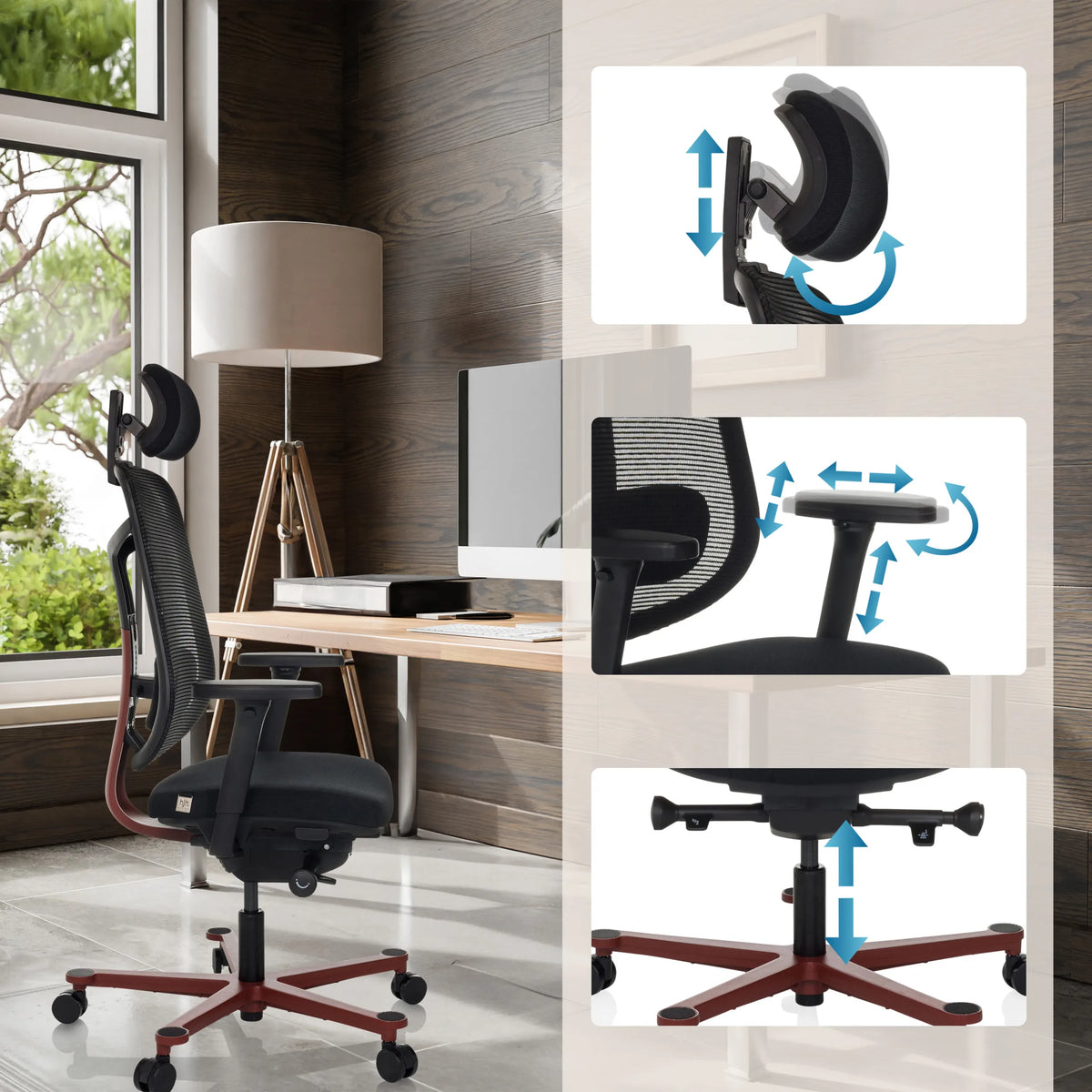 Verstellbare Kopfstütze, Armlehnen und Sitzhöhe des High-End-Bürostuhls BICOLORE HIGH von hjh OFFICE