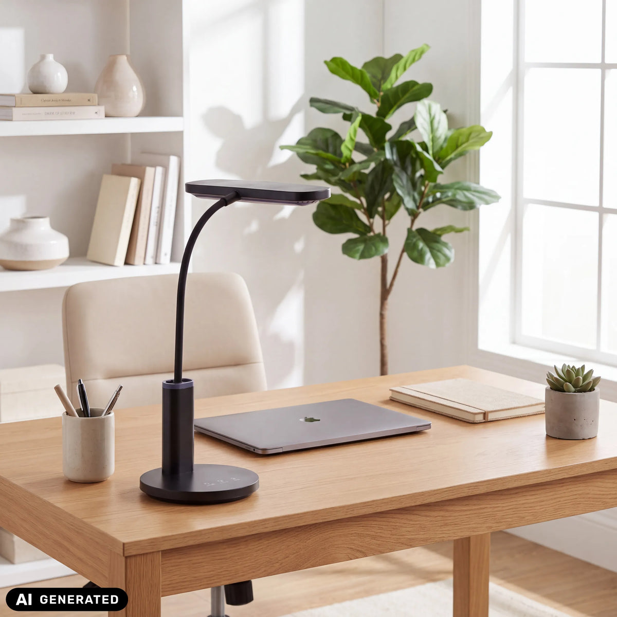 Schreibtischlampe Lumanova D4 in Schwarz auf einem Holzschreibtisch von hjh OFFICE (KI-generiertes Bild)