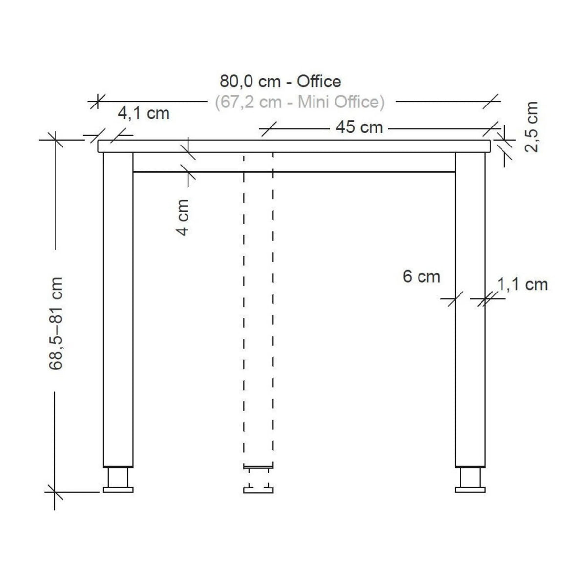 Maßzeichnung des Schreibtischs QUEO 8 S der Serie QUEO mit Höhenverstellung von 68,5 bis 81 cm von hjh OFFICE PRO