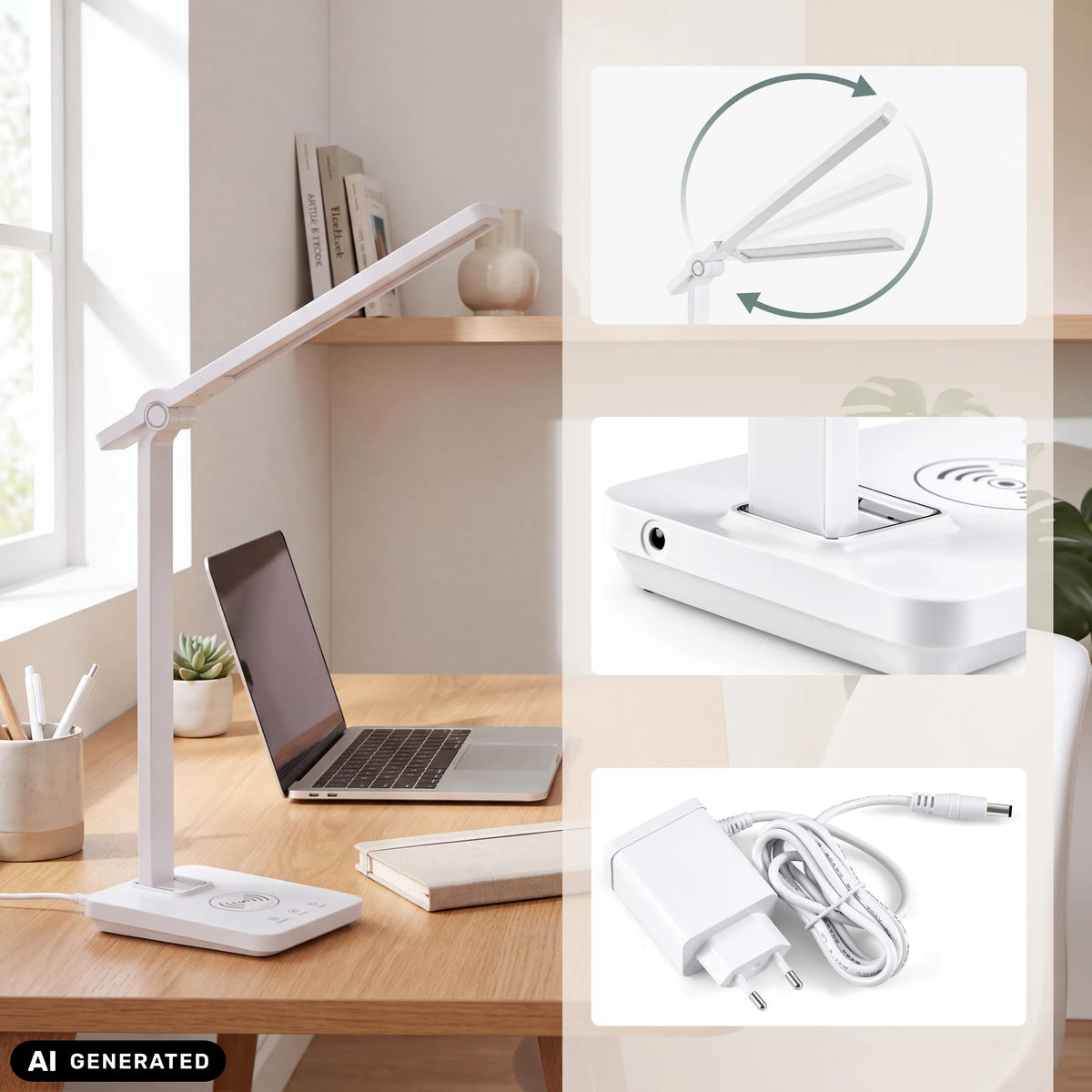 Weiße Schreibtischlampe Lumanova D1 mit verstellbarem Arm und Netzteil von hjh OFFICE (KI-generiertes Bild)