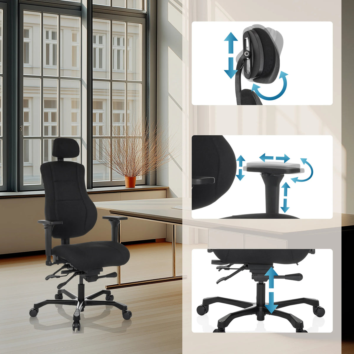 Verstellmöglichkeiten der Kopfstütze, Sitzhöhe und Gasfeder des XXL Drehstuhls 24 HOURS BASIC in Schwarz von hjh OFFICE