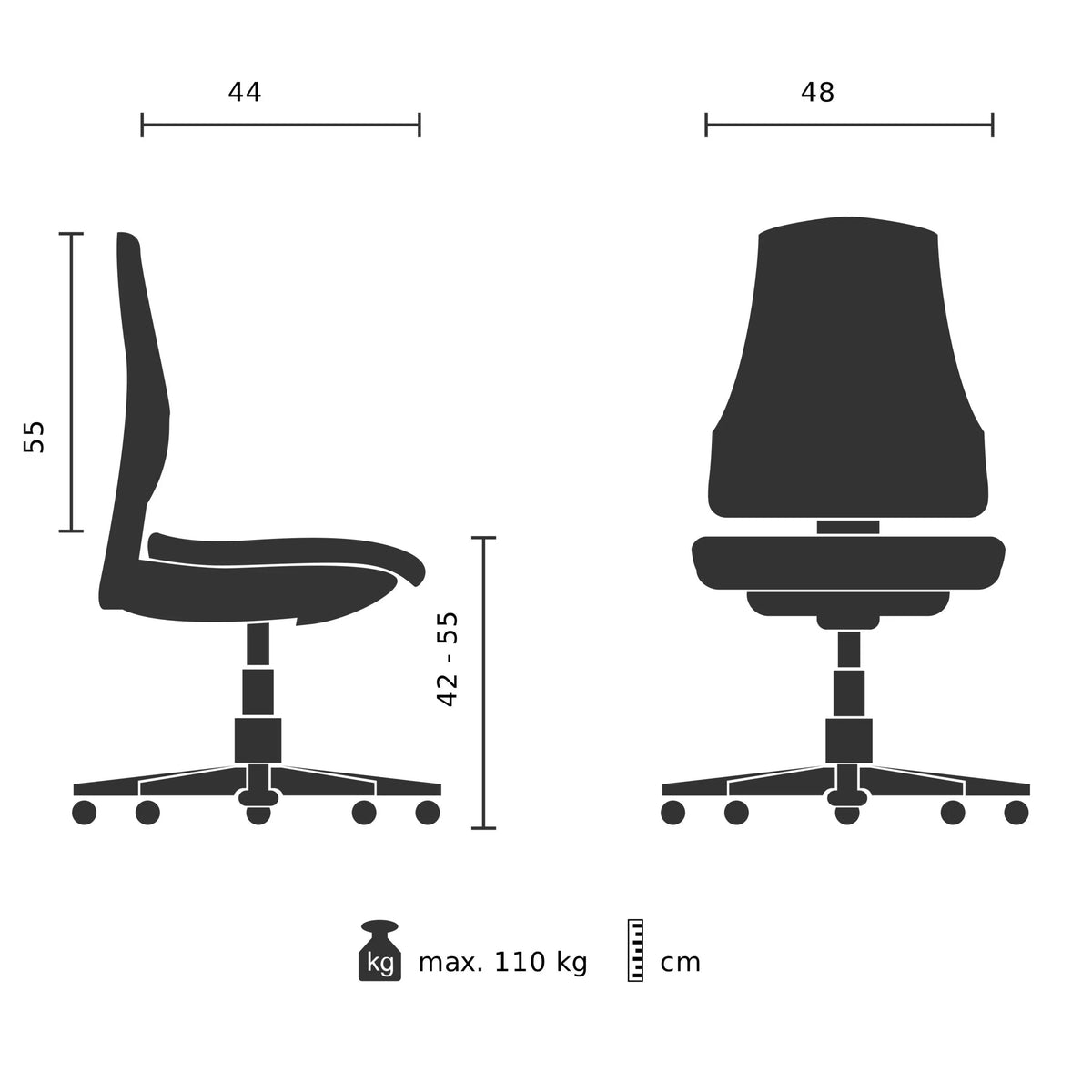 Technische Zeichnung des Profi-Bürostuhls SITNESS mit einer Breite von 48 cm von Topstar