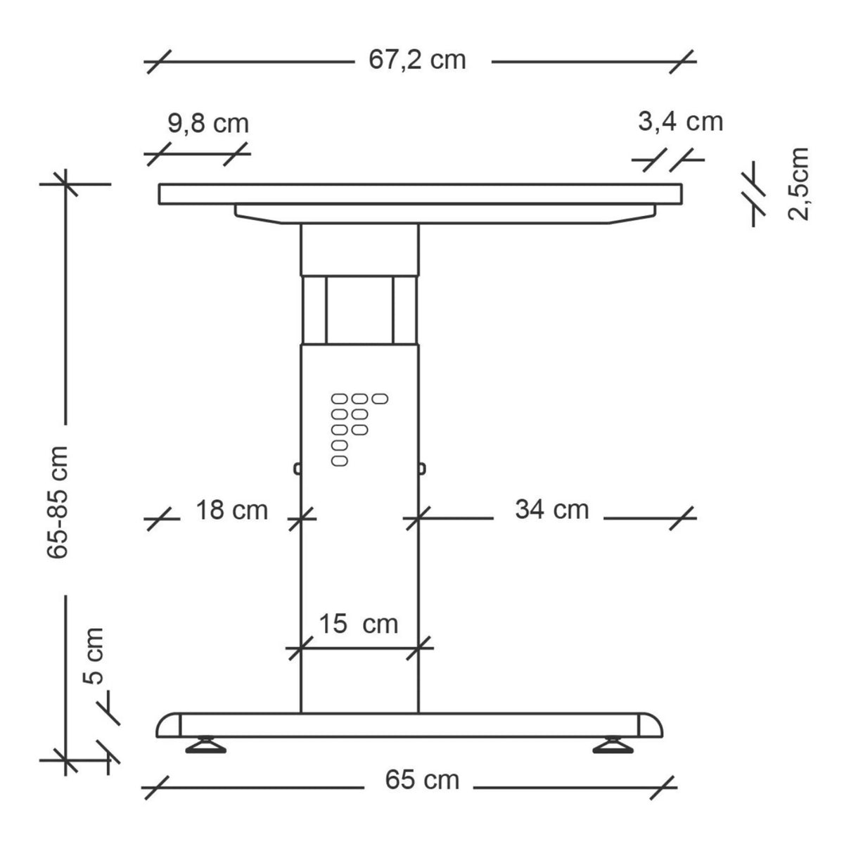 Maßzeichnung des höhenverstellbaren Schreibtischs MEGA 614 S mit einer Breite von 67,2 cm von hjh OFFICE PRO