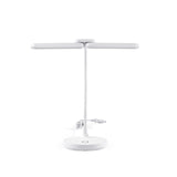 Weiße Schreibtischlampe Lumanova D6 mit T-förmigem Lampenkopf und rundem Standfuß von hjh OFFICE – 360-Grad-Ansicht (Frontansicht 0°)