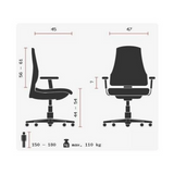 Technische Zeichnung des Profi-Bürostuhls ZERO 10 AL mit einer maximalen Belastung von 110 kg von Sitwell Steifensand
