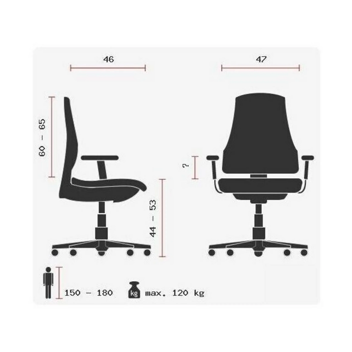 Technische Zeichnung des High-End-Bürostuhls ZERO 67 mit einer Belastbarkeit bis 120 kg von Sitwell Steifensand