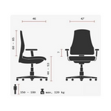 Technische Zeichnung des High-End-Bürostuhls ZERO 67 mit einer Belastbarkeit bis 120 kg von Sitwell Steifensand