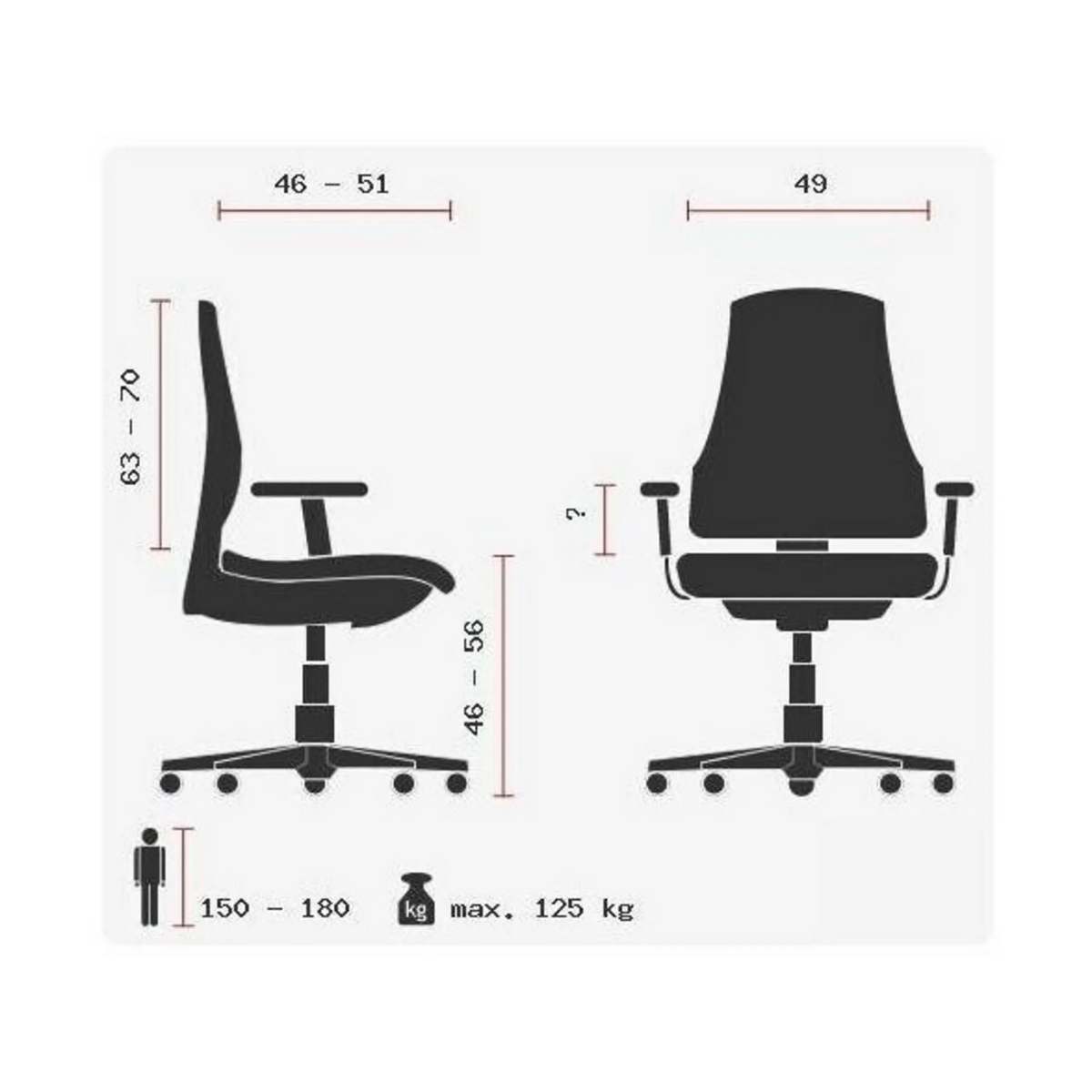 Technische Zeichnung des High-End-Bürostuhls ZERO 53 AL mit einer maximalen Belastbarkeit von 125 kg von Sitwell Steifensand