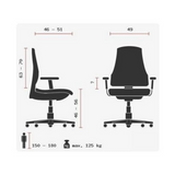Technische Zeichnung des High-End-Bürostuhls ZERO 53 AL mit einer maximalen Belastbarkeit von 125 kg von Sitwell Steifensand