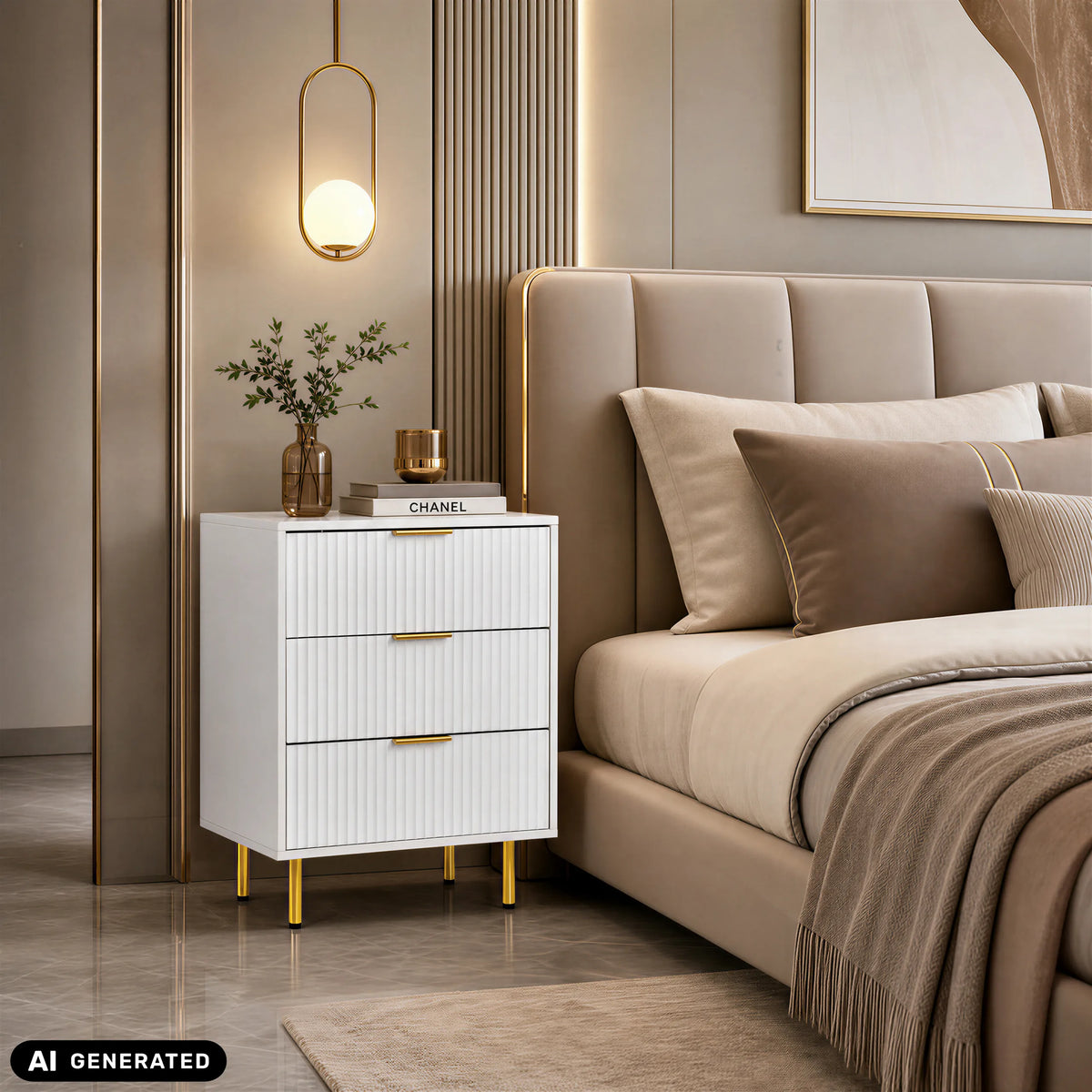 Weiße Kommode Hjelle K mit drei Schubladen und goldenen Füßen von hjh LIVING (KI-generiertes Bild)