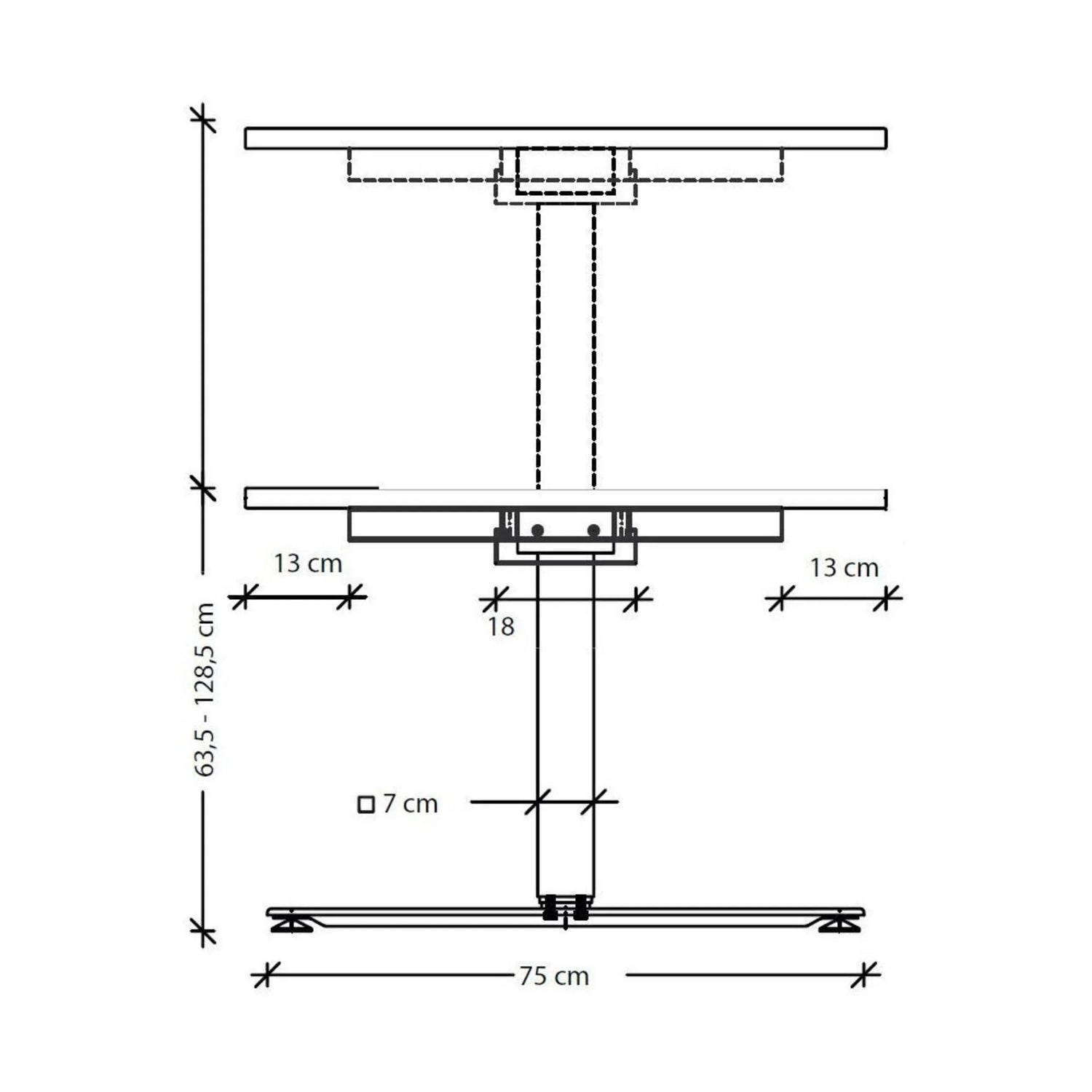 Maßzeichnung des höhenverstellbaren Schreibtischs XDSM 22 G mit einer Höhe von 63,5 bis 128,5 cm von hjh OFFICE PRO