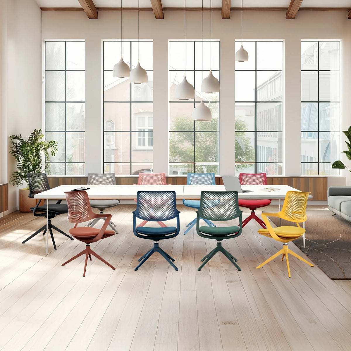 Besucherstühle FLEX CHAIR V in verschiedenen Farben an einem weißen Konferenztisch von Bosen Europe