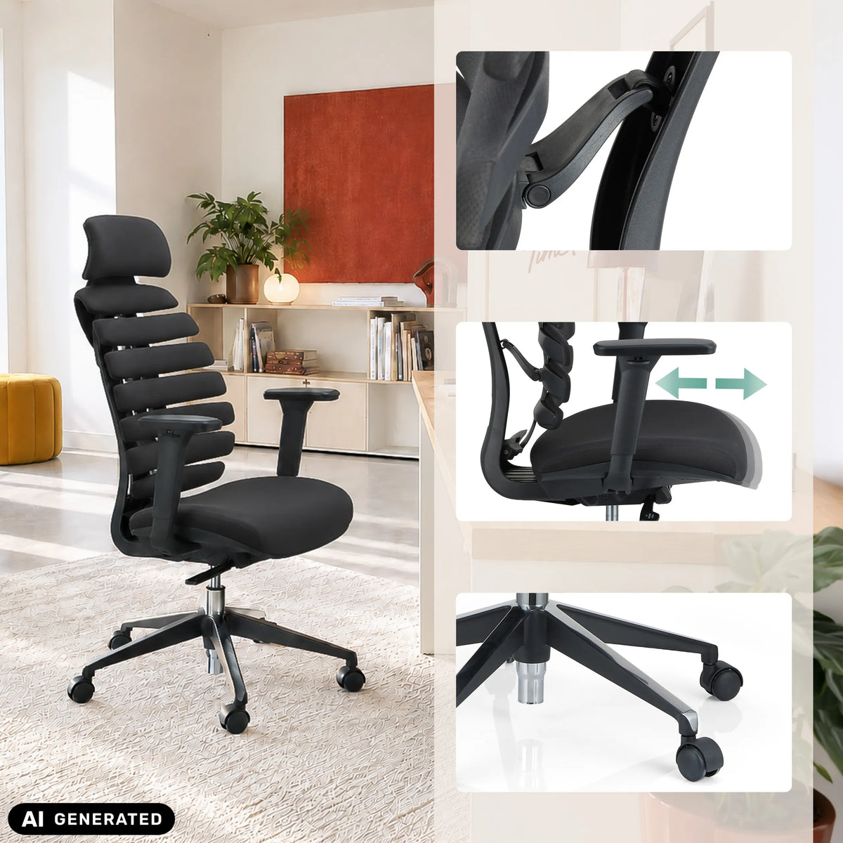 Profi-Bürostuhl ERGO LINE II PRO in Schwarz mit verstellbaren Armlehnen und Fußkreuz mit Rollen von hjh OFFICE