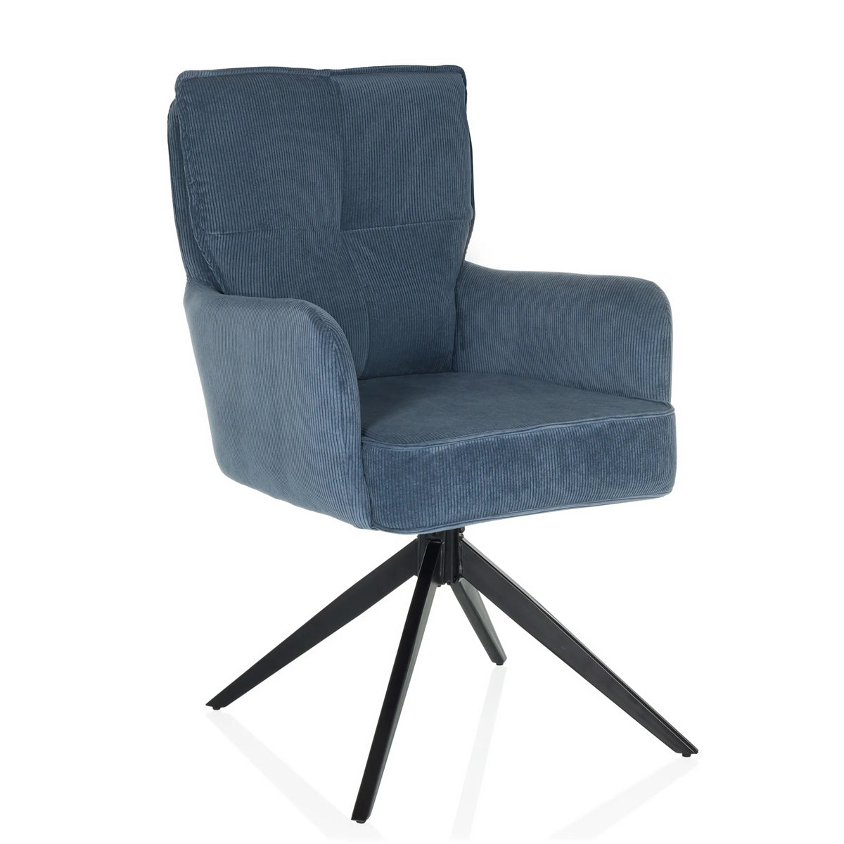 Blauer Polsterstuhl TARUGO mit Cord-Bezug und schwarzem Vierfuß-Gestell von hjh LIVING – 360-Grad-Ansicht (schräge Frontansicht 30°)