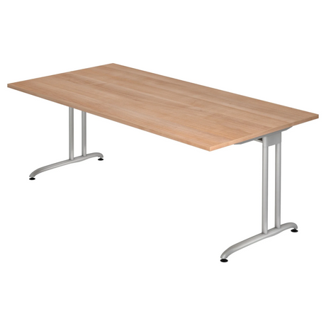 Schreibtisch BELA 2E S mit Tischplatte in Nussbaum-Optik und silbernen Metallbeinen von hjh OFFICE PRO