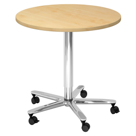 System Konferenztisch BISTRO 80R C mit runder Ahornholzplatte, Chromgestell und fünf Rollen von hjh OFFICE PRO