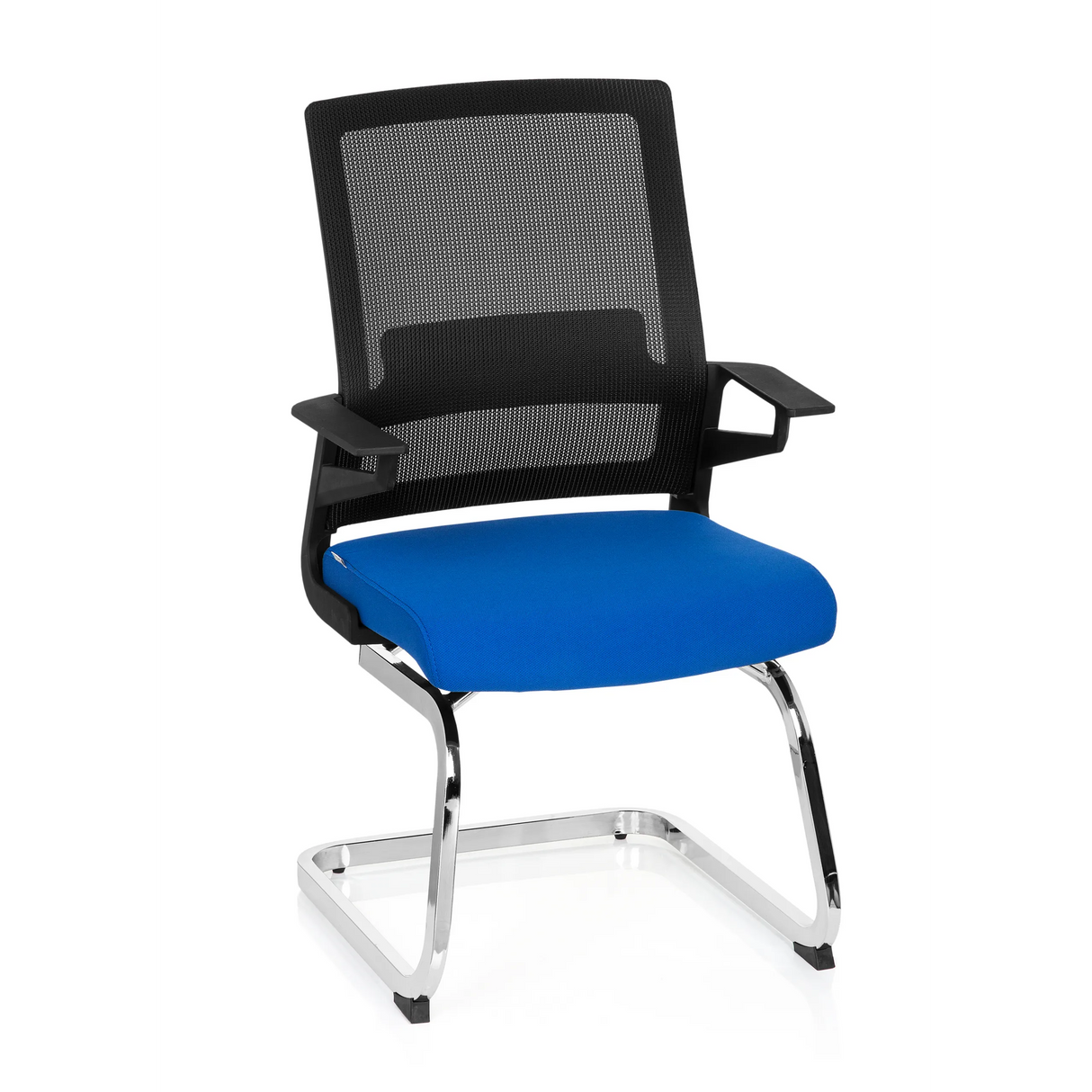 Blau-schwarzer Freischwinger INVENTOR V mit Netzrücken und Armlehnen von hjh OFFICE – 360-Grad-Ansicht (Frontansicht 20°)
