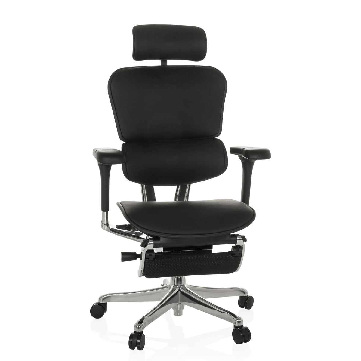 Schwarzer Luxus-Chefsessel ERGOHUMAN PLUS LEGPRO GEN2 aus Leder mit Fußstütze und Fußkreuz mit fünf Rollen von hjh OFFICE – 360-Grad-Ansicht (Frontansicht 15°)