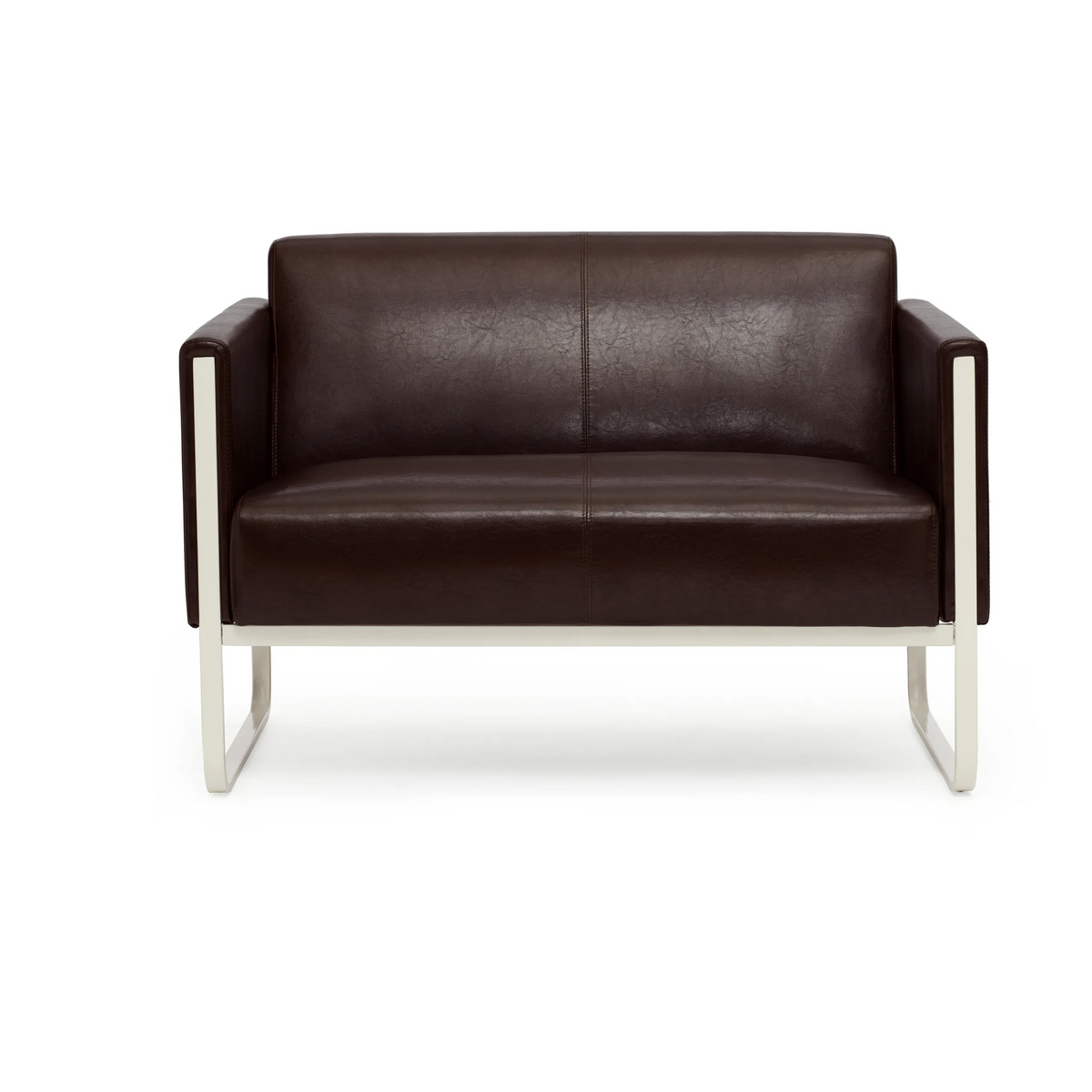 Braunes Loungesofa ARUBA als Zweisitzer mit silbernem Metallgestell von hjh OFFICE – 360-Grad-Ansicht (Frontansicht 0°)
