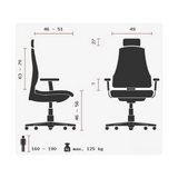 Technische Zeichnung des High-End-Bürostuhls ZERO O1 AL S mit max. 125 kg Belastbarkeit von Sitwell Steifensand
