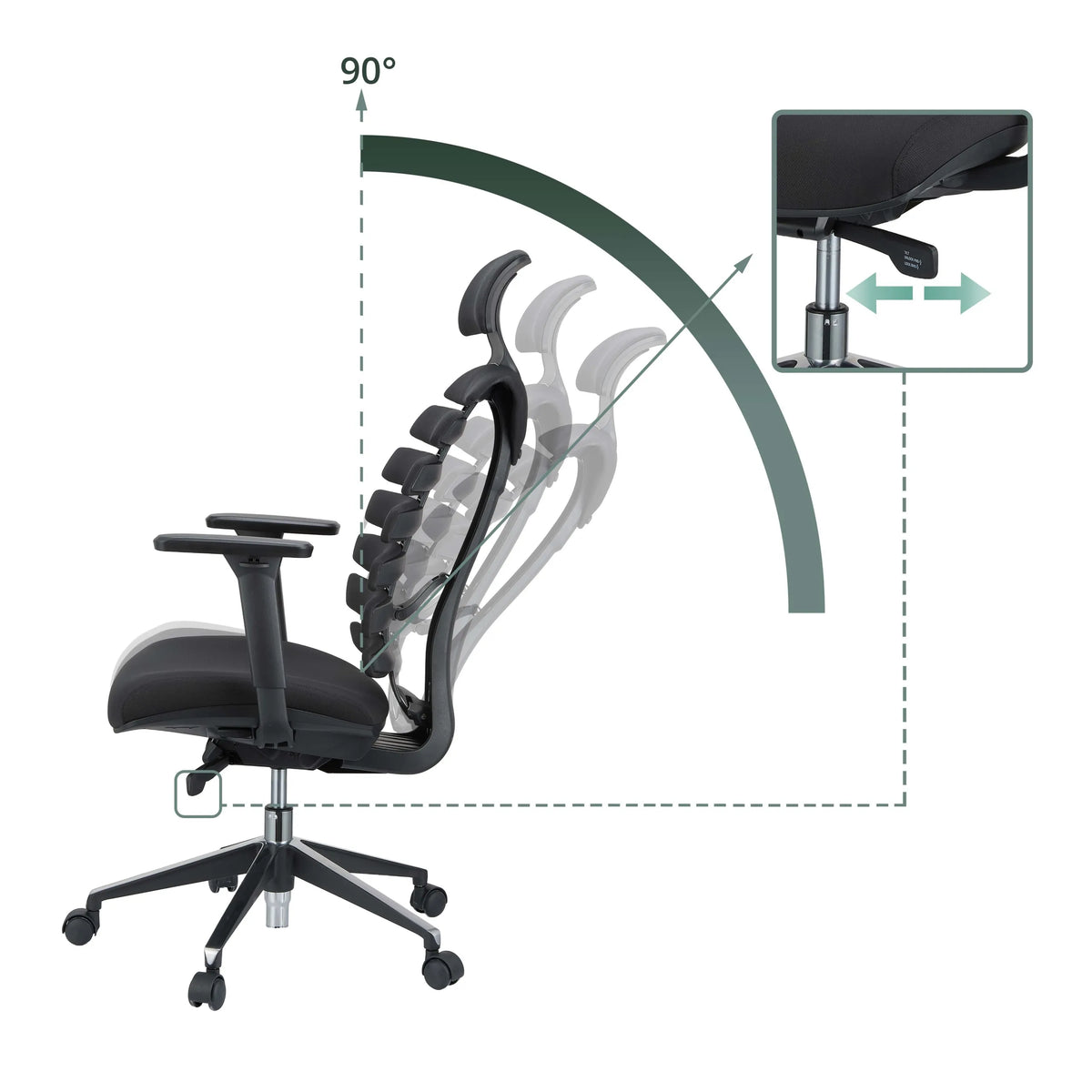 Verstellbare Rückenlehne und Gasdruckfeder des Profi-Bürostuhls ERGO LINE II PRO mit 90° Neigungswinkel von hjh OFFICE