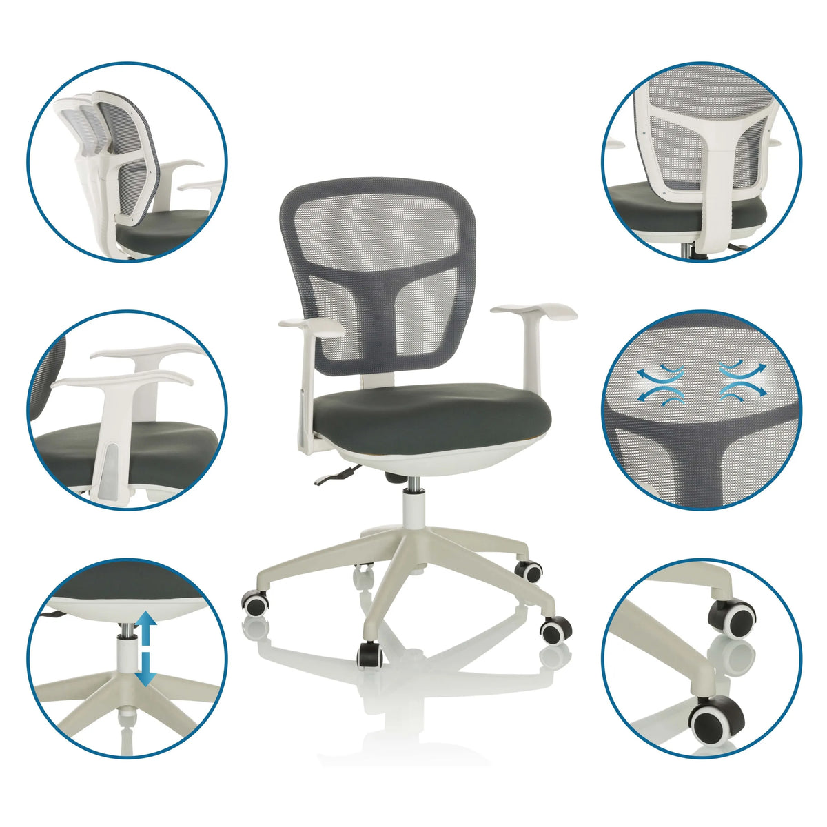 Home-Office-Bürostuhl TOP 108 W in Grau mit Detailansichten zu Rückenlehne, Armlehnen und Gasfeder von hjh OFFICE