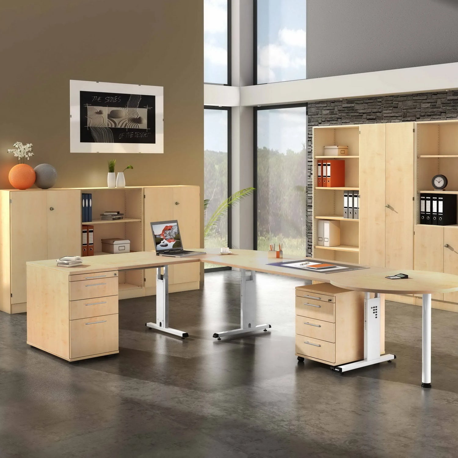 Höhenverstellbarer Schreibtisch MEGA 18 W in Eiche und Weiß mit zwei Schubladenelementen von hjh OFFICE PRO