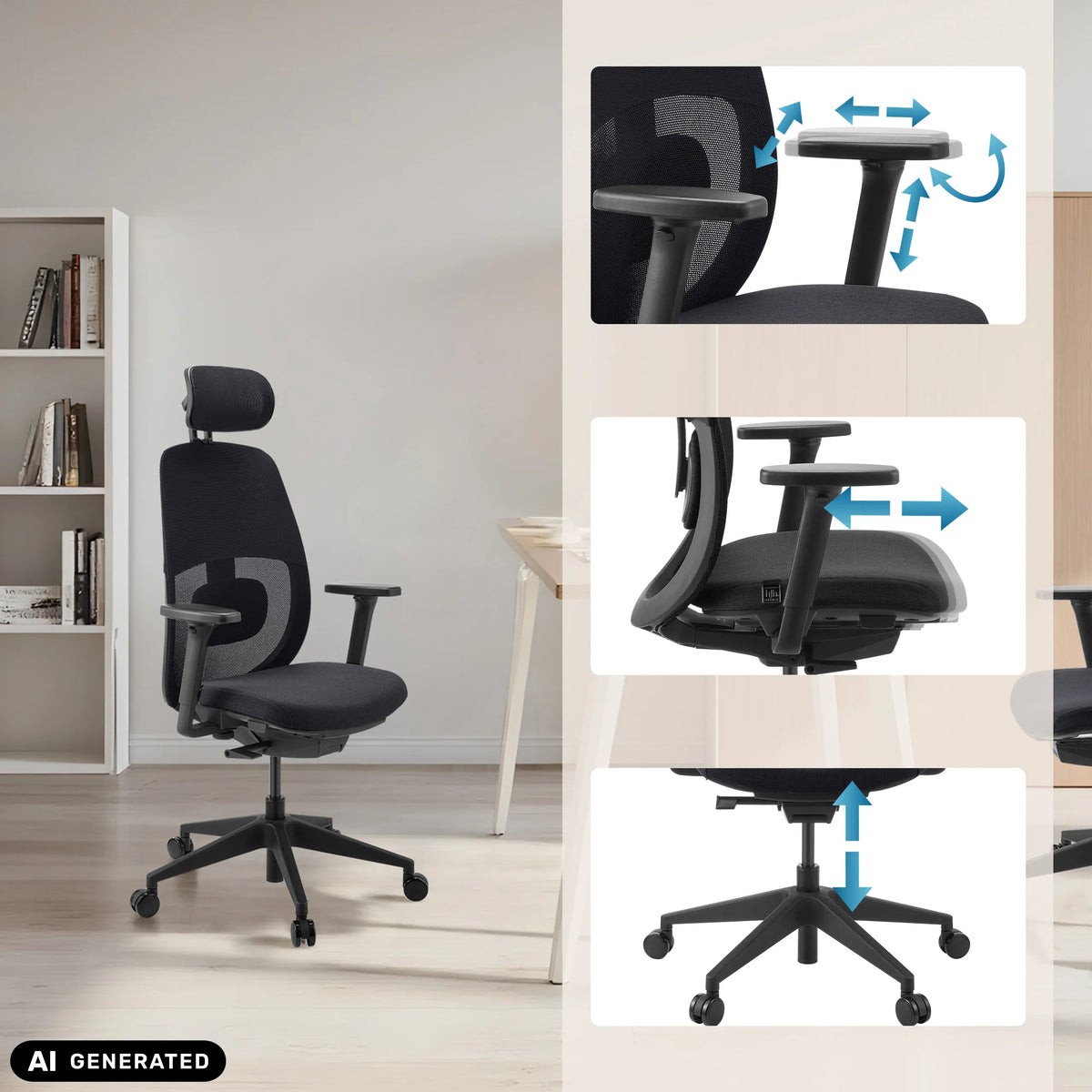 Verstellbare Armlehnen und Sitzhöhe des Profi-Bürostuhls Skandis Pro von hjh OFFICE (KI-generiertes Bild)