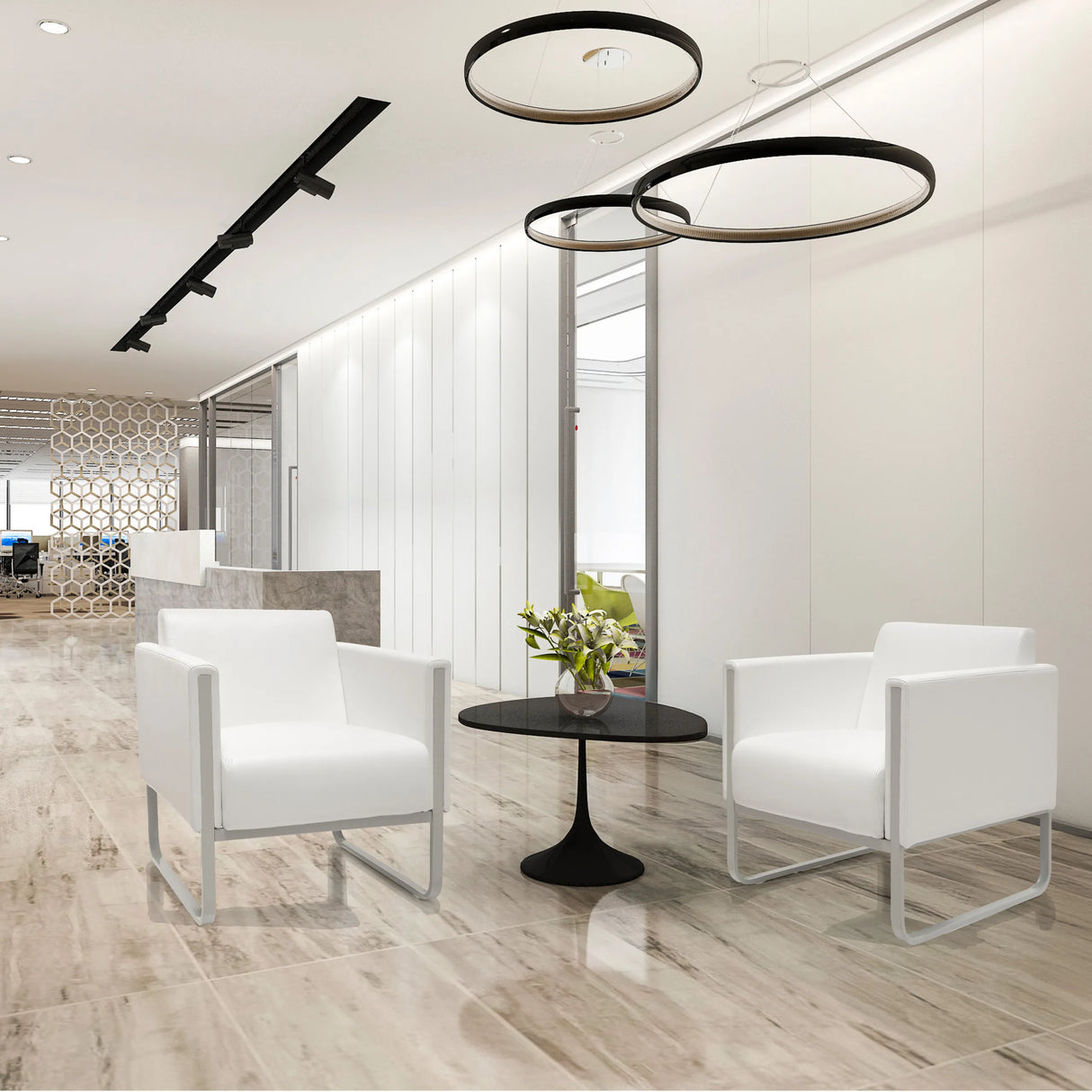 Zwei weiße Polstersessel ARUBA mit Kufengestell und einem schwarzen Beistelltisch in einem modernen Büro von hjh OFFICE