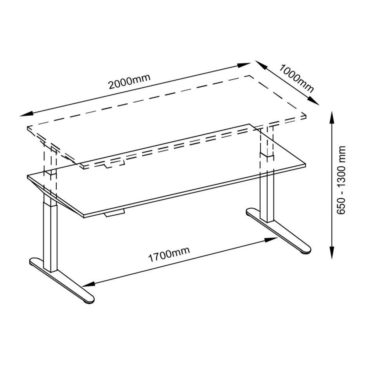 Technische Zeichnung des Schreibtischs XBHM 2E GC mit 2000 × 1000 mm von hjh OFFICE PRO