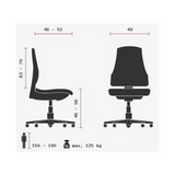 Technische Zeichnung des High-End-Bürostuhls ZERO 52 AL mit einer maximalen Belastbarkeit von 125 kg von Sitwell Steifensand