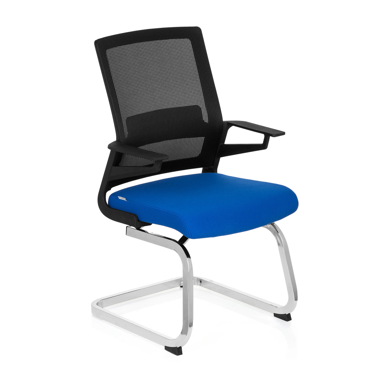 Blau-schwarzer Freischwinger INVENTOR V mit Netzrücken und Armlehnen von hjh OFFICE – 360-Grad-Ansicht (schräge Frontansicht 40°)