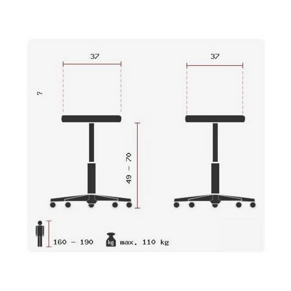 Technische Zeichnung der Stehhilfe SITNESS HIGH BOB mit einer Höhe von 49 bis 70 cm von Topstar