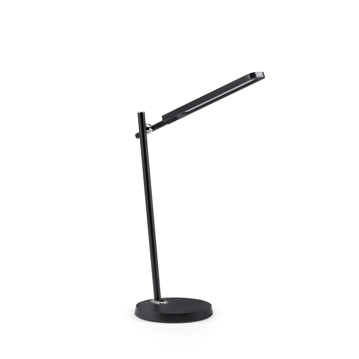 Schreibtischlampe Lumanova D2 in Schwarz mit rundem Fuß und schmalem Leuchtkopf von hjh OFFICE – 360-Grad-Ansicht (Frontansicht 15°)