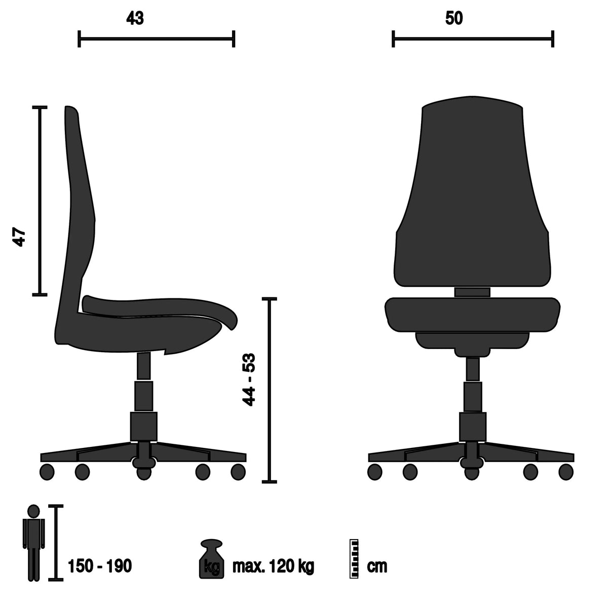 Technische Zeichnung des Profi-Bürostuhls PALIANO mit einer Breite von 50 cm von hjh OFFICE